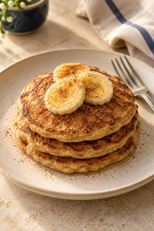 Panquecas de banana em um prato com rodelas de fruta