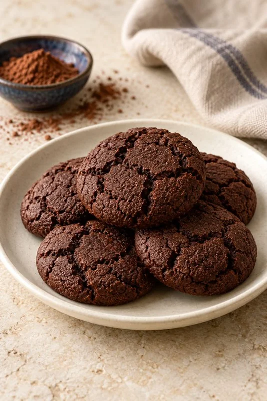 Biscoitos escuros de cacau sobre prato claro