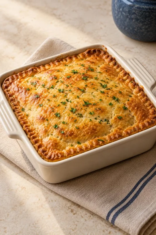 Torta salgada de frango e milho em travessa
